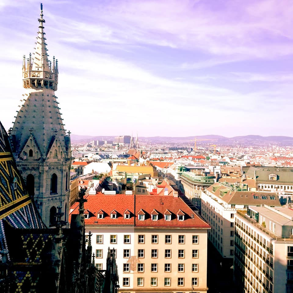 Hazy purple skies over Viennese rooftops from St. Stephen's Cathedral.
