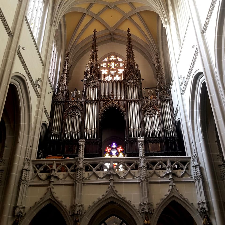 The main alter in the cathedral of St. Elisabeth in Kosice, Slovakia. It is ornate with gold leaf, marble, and deep, rich colors.