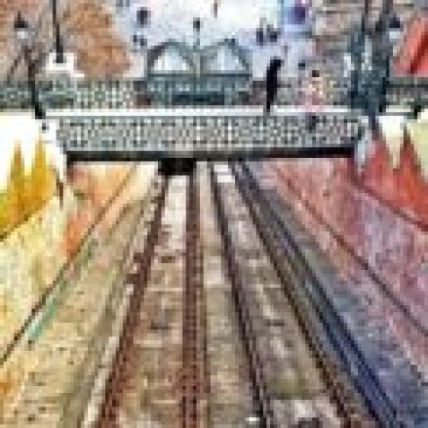 Looking down toward the banks of the Danube from Castle Hill, looking over the tracks of the Budapest funicular in Hungary.