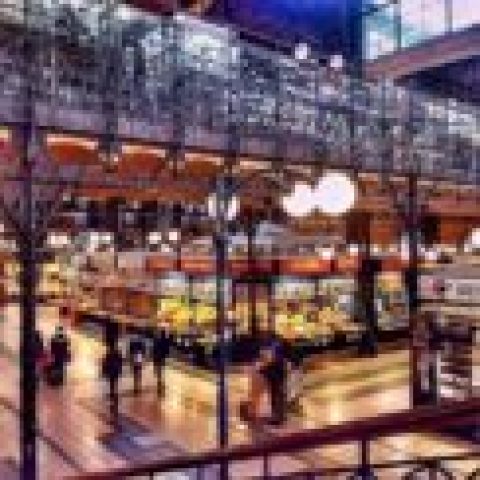 Interior of the Great Market Hall in Budapest, looking down from one of the balconies.