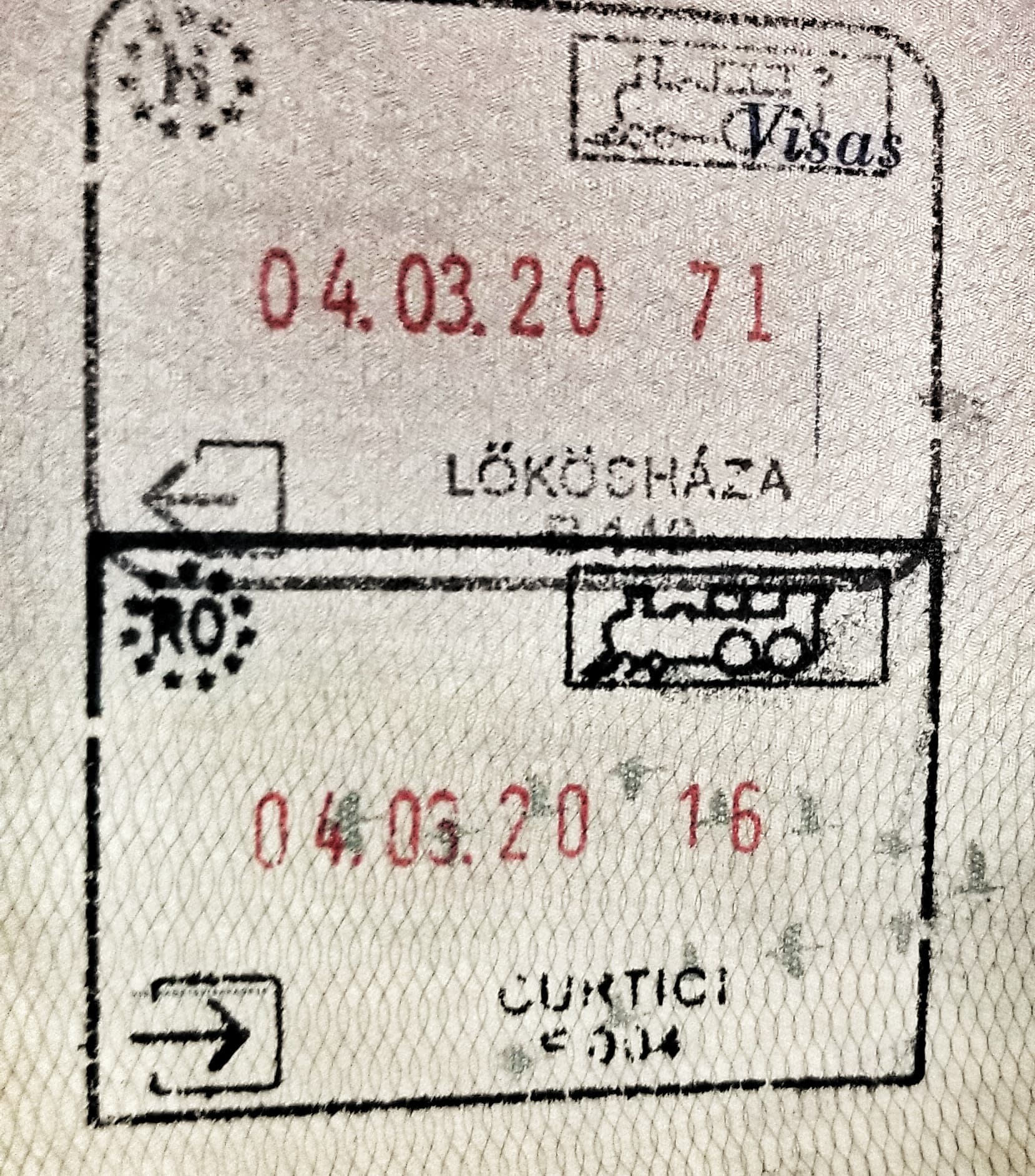Passport stamps from Lokoshaza, Hungary and Curtici, Romania.