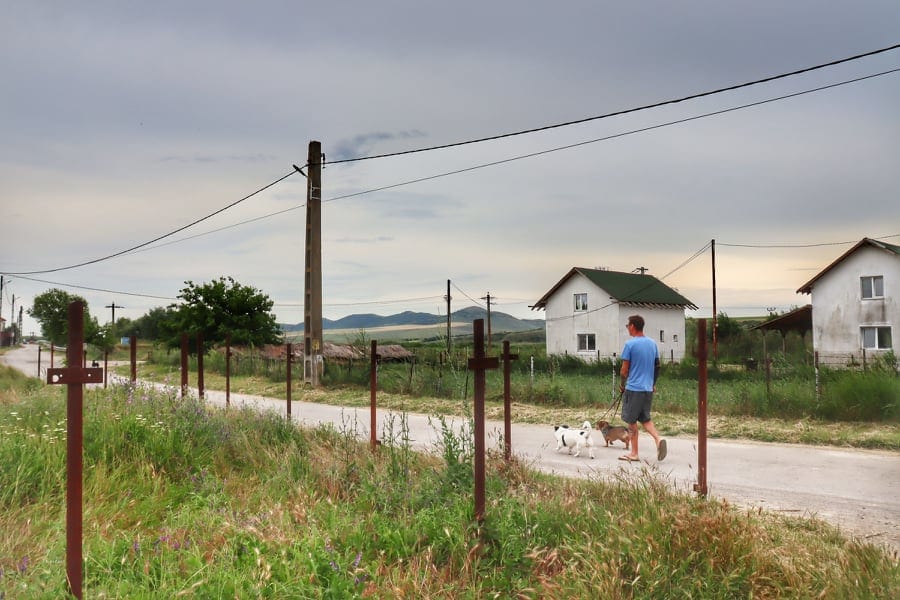 Man and two small dogs walking down a village street in Romania