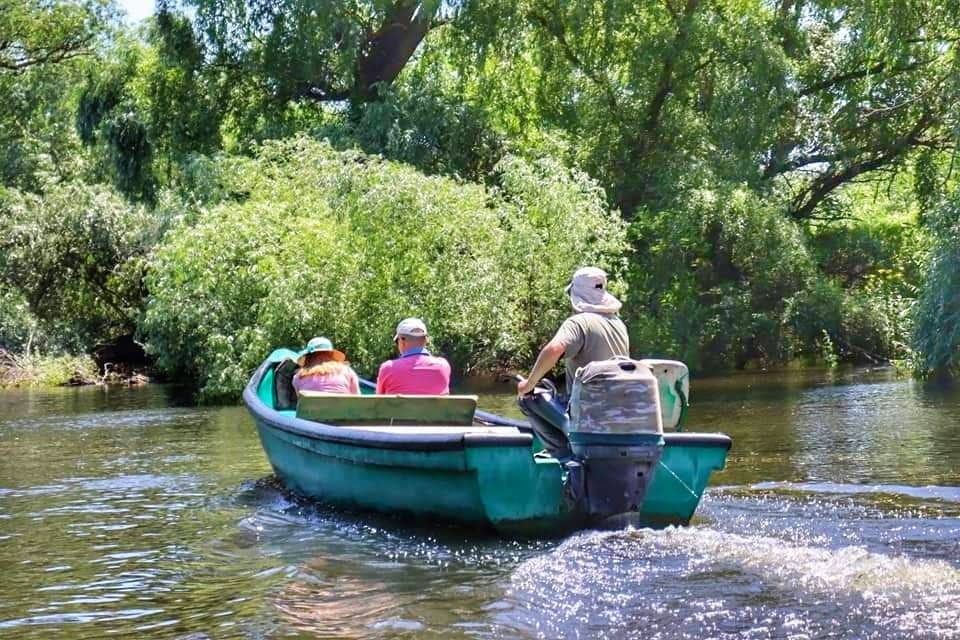 Small, green motorboat with 3 passengers traveling away from the camera