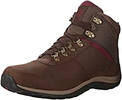 Timberland brown hiking boots with burgundy accents, the perfect cute boot that keep you dry, warm, and slip-free.  A must-have for travel essentials.