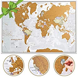 Beautiful scratch-off world map with detailed state outlines in the US and Canada, perfect travel gift for those who want to keep track of where they've been.