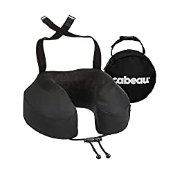 Black Cabeau Travel pillow has a strap that attaches to the headrest of a chair to keep you upright while sleeping on a plane or train.