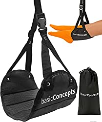 Travel foot hammock, goes over the tray table in front of your seat on airplanes to give your feet a place to rest during flights.